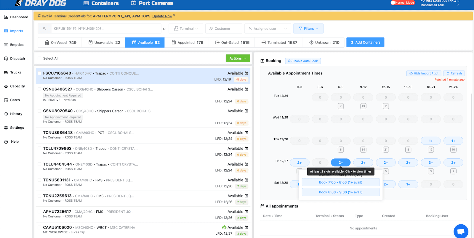 Dray Dog Appointment Booking Available Slots