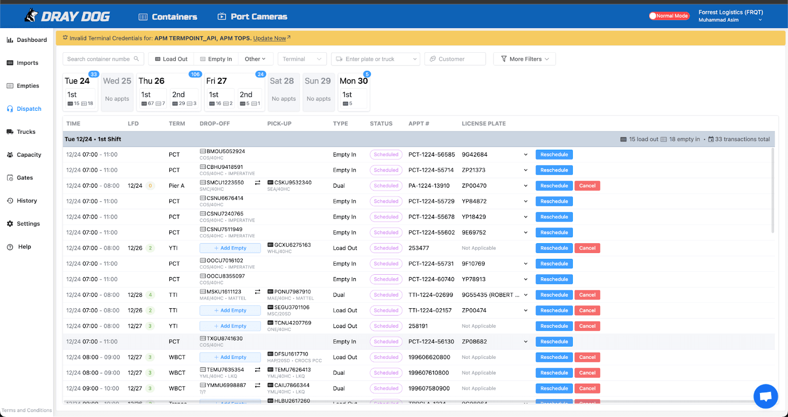 Dray Dog Scheduled Containers Dashboard