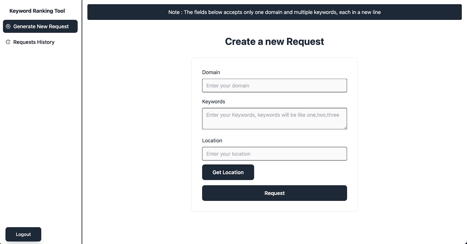 Keyword Tracking Tool New Request Form